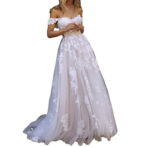 Image of A-Line Lace Boho Vintage Wedding Dress for Bride Off Shoulder Beach with Train, OLLWBYDM, Ivory, 36
