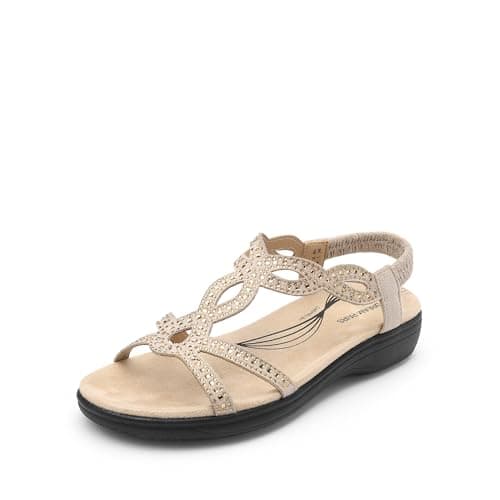 Image of DREAM PAIRS Women's Comfort Dressy Rhinestone Summer Beach Sandals Slip-on Flat Walking Orthopedic Sandals with Elastica Back Strap,Size 8,Gold,DWUMFS2520