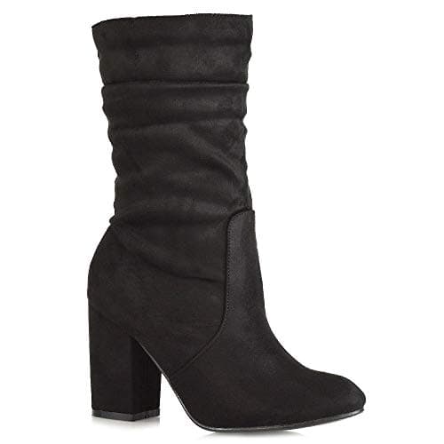 Image of Womens Mid Calf High Heel Boots Ladies Pull On Winter Faux Suede Rouched Shoes Size 3-8