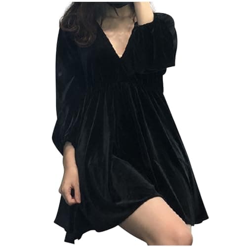 Image of V Neck Velvet Dress for Women Vintage Elegant Long Sleeve Mini Dress Elegant Cocktail Dress Elastic Waish Tunic Evening Dresses Banquet Dinner Dress 50s A-line Party Dresses Plus Size 22 Black
