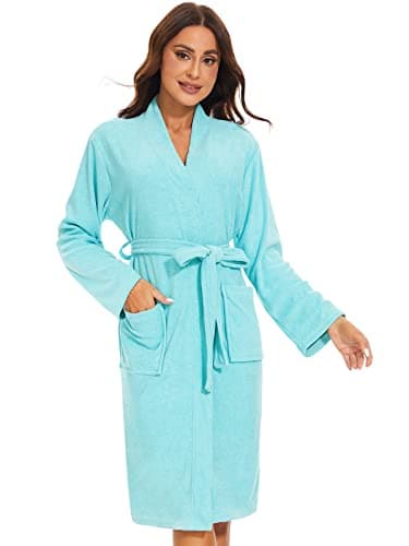 Image of Ymmchy Women Bathrobes Lightweight Dressing Gown Terry Towelling Bath Robe Shawl Collar Robes Blue M