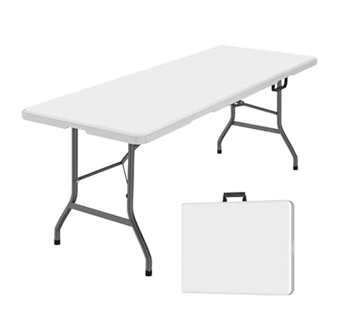 Image of DWD Rectangle Folding Trestle Table 180cm 1.8m 6ft White - Outdoor Folding Table for Picnic, BBQ, Garden, Camping, Wedding, Party Catering, Dining, Event Presentation Bi-Fold Portable Easy to Set Up