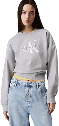 Image of Calvin Klein Women’s Round Neck Monologo French Terry Sweatshirt, Grey (Heroic Grey Heather), M
