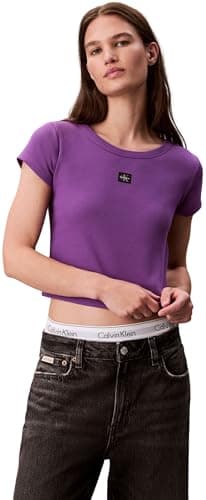 Image of Calvin Klein Women’s Short Sleeve Woven Rib Cropped Baby Tee, Purple (Smokey Shadow), XL