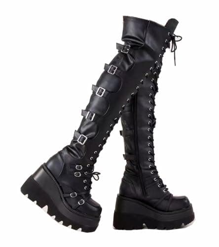 Image of Gothniero Black Platform Boots Over Knee Thigh High Goth Boots for Women Chunky Heel Gothic Rave Booties Knee High with Buckles Side Zip Lace Size3-8UK