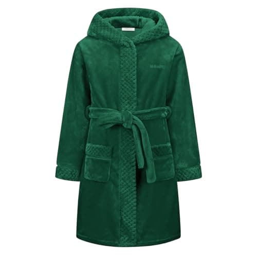 Image of BuyiRen Boys Girls Dressing Gown Kids Robes - Flannel Hooded Robe Loungewear, Sante Green, 13-15 Years