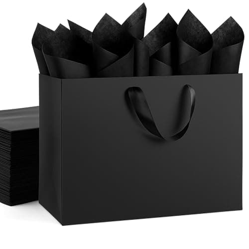 Image of OfficeCastle 4 Pack Black Paper Gift Bags, XL 16x6x12 inch Bags with Handles and 10 Gold Tissue Sheets, Luxury Shopping Bag for Holiday Gifts, Retail, Boutique, Party Use (XL, 4pcs)
