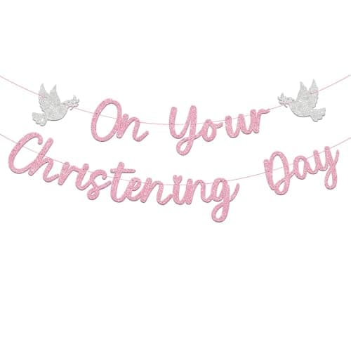 Image of Pink Christening Banner Decorations for Girls Glittering on Your Christening Day DIY Baptism (Pink)