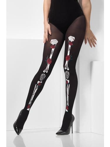 Image of Smiffys Opaque Day of the Dead Tights, Black , Fever Hosiery Fancy Dress, Halloween Dress Up Accessories