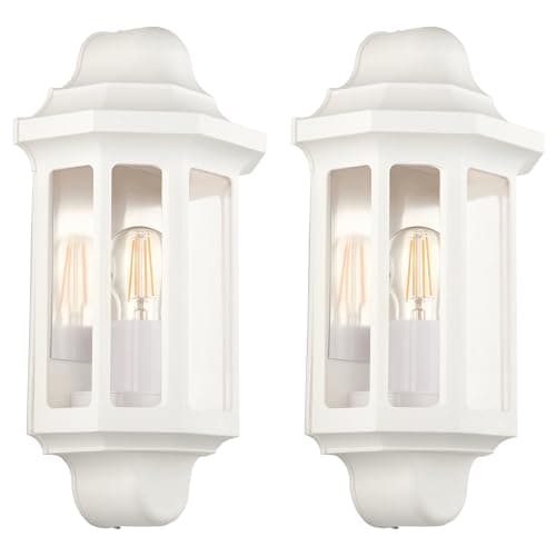 Image of Bamboo Panda 2 x Half Lantern Wall Light Traditional Outdoor 15W LED E27 GLS IP44 Matt Garden Lamp (White, Without PIR)