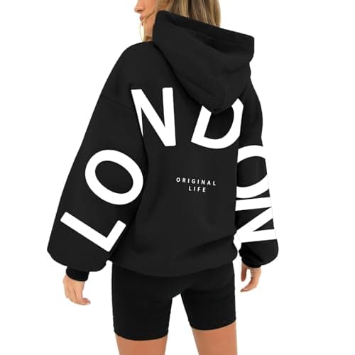 Image of HUIFUAO London Hoodies for Women UK Oversized Sweatshirts for Women Letter Print Pullover Hoodie Women With Pocket and Drawstring (Black, L)