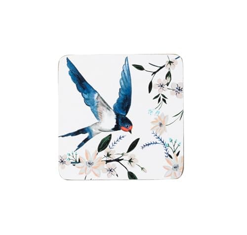 Image of M&W Flying Home Set of 4 Coasters | Cork Backed | Birds & Floral Design | Square Shape | Blue, Peach and Green