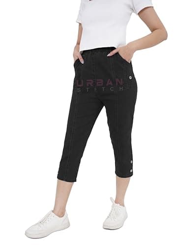 Image of URBAN STITCH Cropped Jeans for Women UK Ladies Capri Plus Size Shorts Denim Cotton Summer Trouser Three Quarter 3/4 Length Pull On Cut Off High Waist (14, Black)