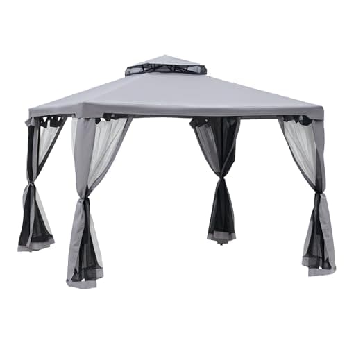 Image of Outsunny 3 x 3 m Metal Gazebo, Garden Pavillion, Double Roof Outdoor Canopy Shelter with Mesh Sidewalls, Grey