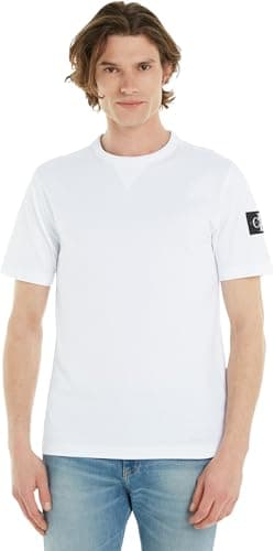 Image of Calvin Klein Men’s Short Sleeve Regular T-Shirt with Logo Badge, White (Bright White), XL