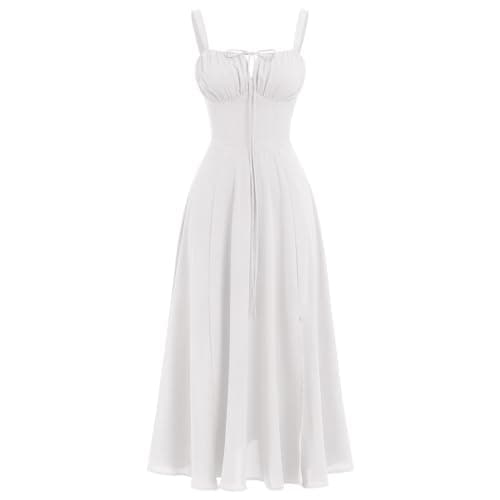 Image of IBAKOM Women's Summer Spaghetti Strap Dress Spring Boho Front Slit Swing Midi Sundress Party Holiday Beach Dress White S