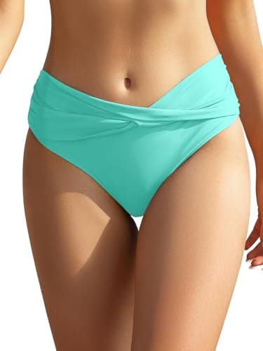Image of SHEKINI Women's Bikini Bottom Twist Front Swimsuit Brief Ruched Medium Waisted Bathing Suit Bottoms Lake Green
