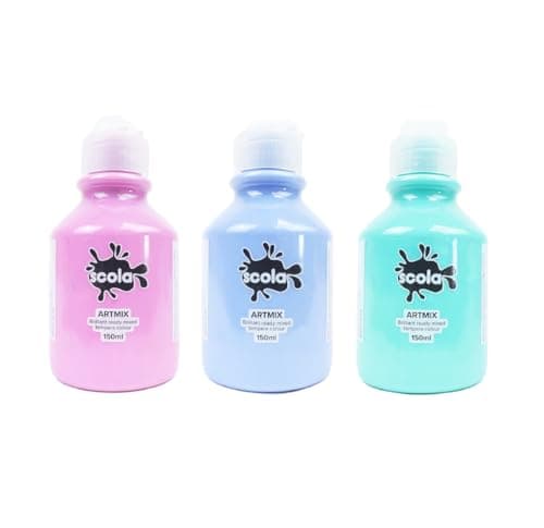 Image of Scola Readymix Water Based Tempera Paint, 3 Assorted Pastel Colours, 150ml Bottles, Non-Toxic Poster Paints, Craft Projects, Suitable for 3+