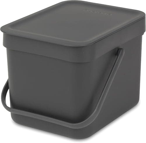 Image of Brabantia Sort & Go Food Waste Bin 6L (Grey), Space-Efficient Plastic Recycle Bin with Handle, Removable and Stay-Open Lid, Easy to Clean Kitchen Compost Caddy without Nooks and Rims