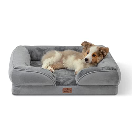 Image of Bedsure Medium Dog Sofa Bed - Washable Orthopedic Dog Beds and Couch with Removable Flannel Zipper Cover, Puppy Beds for Small Dogs, Grey Pet Bed, 71x58x16cm