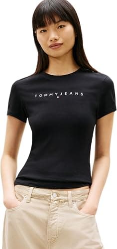 Image of Tommy Jeans Women's Tjw Slim Linear Tee Ext Dw0Dw18398 S/S T-Shirt, Black (Black 1), S
