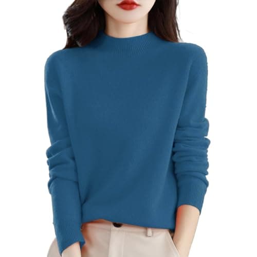 Image of Cashmere Jumpers Ladies Women's Semi Turtleneck Sweater Long Sleeve Solid Color Pullover with A Base Shirt Autumn and Winter Warm Loose Sweater Jumpers for Women UK Blue