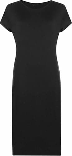 Image of Prime fashions Womens Ladies Plain Bodycon Short Cap Sleeve Maxi/Midi Dress Round Neck Casual, Black, M-L (12-14)