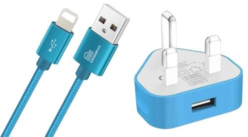 Image of ameego USB Data Sync Charging Cable Lead 1 Meter Braided Lead + USB Charger Adapter Plug For Phone's Compatible 6 6s 5s 6 PLUS 7 8 8 Plus XS XS Max XR X iPad iPod (Blue)