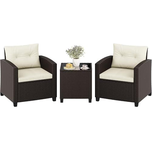 Image of Yaheetech 3-Pieces Wicker Patio Bistro Sofa Set, Outdoor Rattan Coffee Table & 2 Chairs with Cushions & Pillows for Deck, Balcony, Porch, Brown & Beige