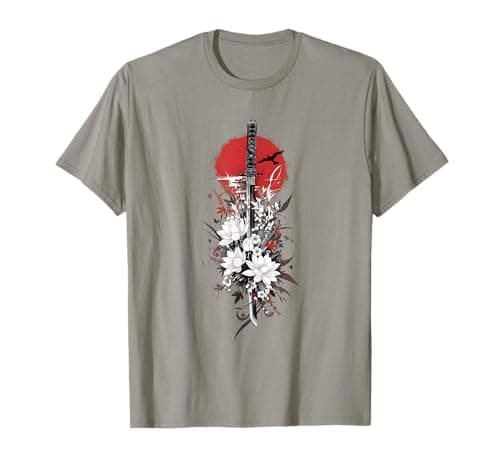 Image of Japanese Art Vintage Sword Samurai White Flowers Rising San T-Shirt