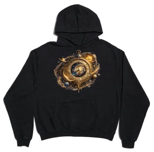 Image of Cosmic Clock with Galaxies and Planets Unisex Oversized Heavyweight Cotton Blend Hoodie Black XX-Large