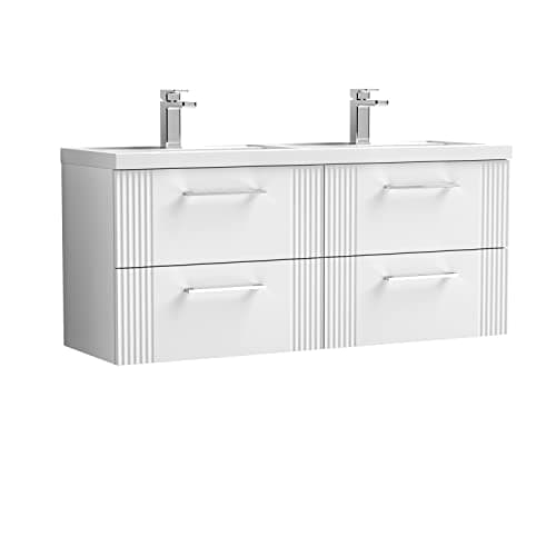 Image of nuie DPF193C Deco Modern Bathroom Wall Hung 4 Drawer Part Fluted Vanity Unit with Twin Polymarble Basin, Satin White