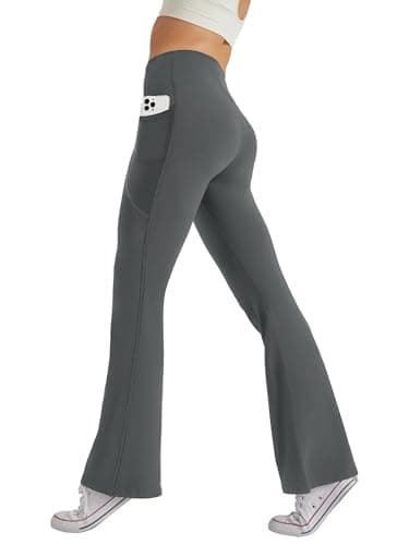 Image of Glacspyg Yoga Pants Women with Pockets Leisure Jogging Pants High Waist Sports Pants Elastic Wide Bootcut Jazzpants Dark Grey M