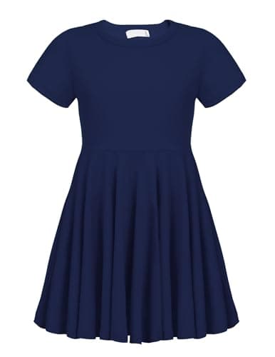 Image of trudge Girls Summer Swing Dress A-line Short-Sleeved/Long-Sleeved Cotton Solid Color Princess T-Shirt Dresses Basic Fattern Skater Dress 3-13 Years Dark Blue