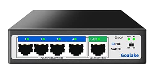 Image of Goalake PoE+ Switch 5 Port 100Mbps（4 PoE Ports +1 Uplink), 802.3af/at, 52W for all PoE Ports, AI Extended to 250m, Ideal for IP Surveillance and Access Point, Desktop/Wall Mount(Unmanaged)