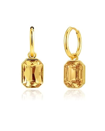 Image of 14K Gold Plated Yellow Cubic Zirconia Citrine Crystal Dangle Hoop Earrings for Women Birthstone Geometric Jewellery