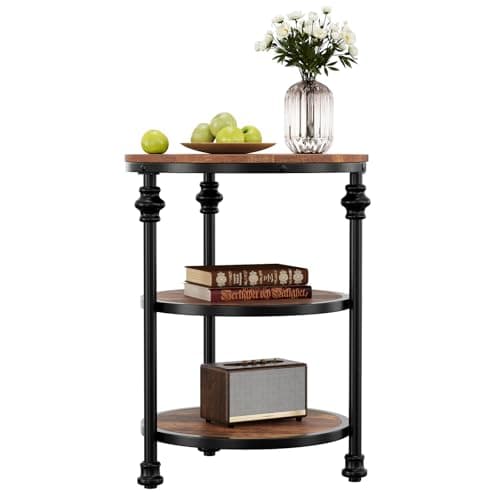 Image of Garvee Space-Saving 3-Tier Round Coffee Table – Rustic Brown Side Table with Storage Shelf, Sturdy Metal Frame, Accent End Table for Living Room or Bedroom, Ideal for Small Spaces, Brown