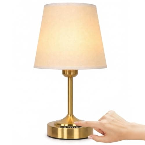 Image of OUTON Cordless Rechargeable Table Lamp – Battery Display, Touch Dimmable LED Light, 3 Color Temperatures, USB-C Charging, Fabric Shade, Memory Function for Bedroom, Living Room, Patio (Gold)