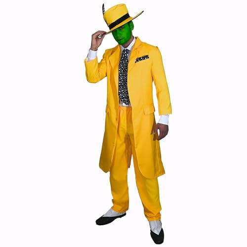 Image of SoWest Men’s 90s Fancy Dress Costume – Yellow Jacket, Trousers, Hat & Tie Complete Set | 4-Piece Retro Movie Style Outfit for Adults | Halloween & Cosplay Party Fun Suit - M