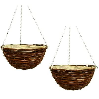 Image of Fyne-Finds Set of 2, 30cm 12Inch Dark Brown Wicker Hanging Basket Lined Rattan Willow Weatherproof Planter