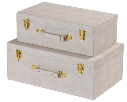 Image of Sagala Set of 2 Large Decorative Storage Trunks, Beige Shagreen StorageTrunks And Chests with Handle, Faux Leather Large Storage Boxes for Home Organization Decor (Beige)