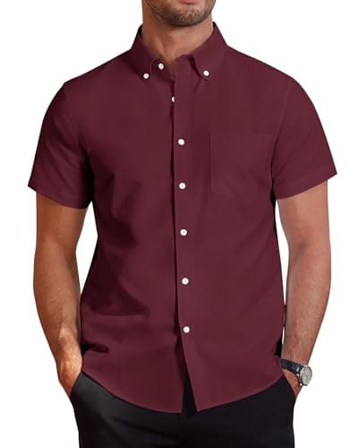 Image of J.VER Men's Short Sleeve Shirts Cotton Smart Casual Regular Fit Non Iron Shirt Wedding Office Work Button Down Oxford Dress Shirt Red XL