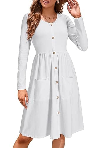 Image of OUGES Women's Long Sleeve Dress V Neck Casual Button Down Midi Ladies Dresses with Pockets(White325,L)