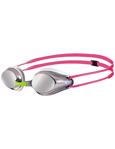 Image of ARENA Tracks Jr Children's Unisex Competition Swimming Goggles Mirror (mirrored, UV protection, anti-fog coating), silver white fuchsia (18), one size