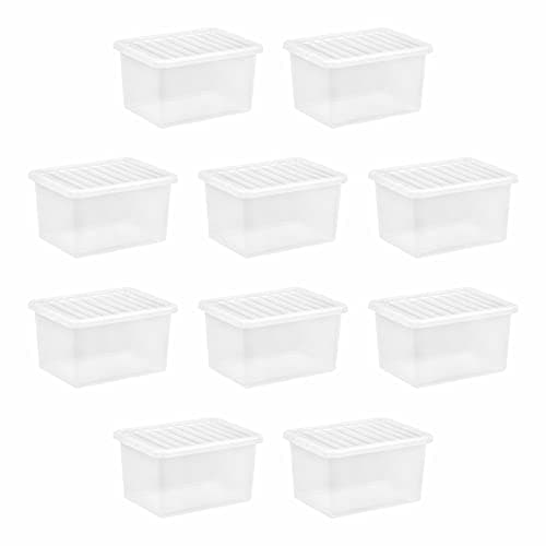 Image of M1SS (Set of 10) - 25L Litre Clear Plastic Storage Box With Crystal Lids Home Office Stackable Nestable Container Made in U.K, (25L Litre)