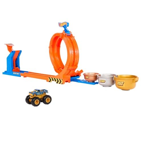 Image of Hot Wheels Monster Trucks Toy Truck & Track Set, Loop-And-Flip Trophy Challenge Playset & 1:64 Scale 50th Anniversary Die-Cast Bigfoot, 2 Ways to Play, JBX64