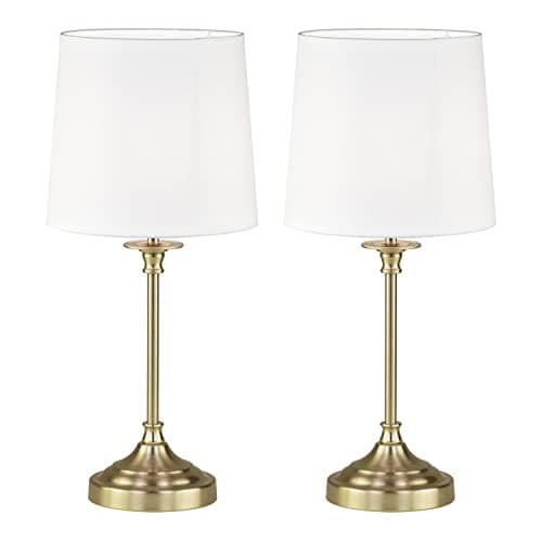Image of firstchoicelighting Set of 2 Antique Brass Table Lamps or Bedside Lights, Classic Design,Off White Fabric Shade, 47cm Height, LED Compatible