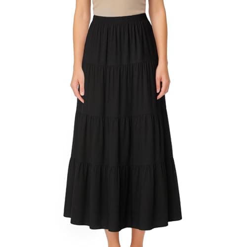 Image of GWAWG Elegant Maxi Skirts for Women UK,Elastic High Waist Ladies Long Skirts Elegant A-Line Beach Skirt,Vintage Summer Tiered Maxi Skirt (UK, Alpha, XL, XXL, Regular, Regular, Black)