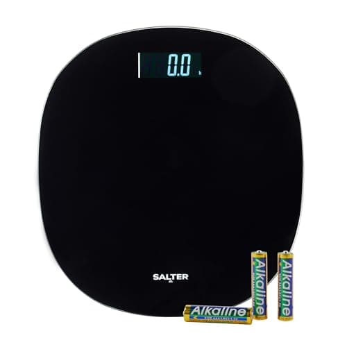 Image of Salter Round Bathroom Scale – Electronic Body Weight Composition, 180kg Capacity, Digital LCD Display, Step-On, Instant Readings, Rounded Shape, Black Glass Platform, 0.1kg Precision