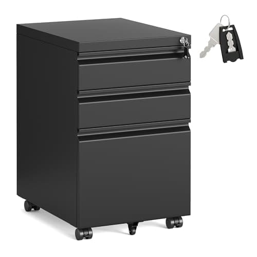 Image of SONGMICS 3 Drawer File Cabinet, Metal Filing Cabinet for Home Office, Steel Construction, 3 Lockable Drawers, Rolling Printer Stand for Office, 39 x 50 x 62 cm, Matte Black OFC033B101